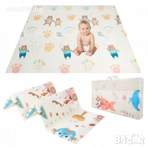 Двустранен термо килим за пълзене и игра от нетоксична XPE пяна модел Мече с хвърчило - 180x200х1см, снимка 1