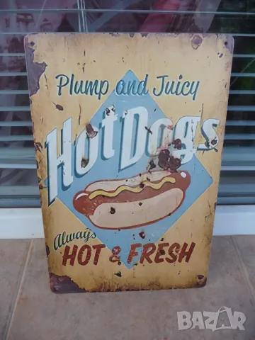 Метална табела хот дог топъл наденичка кренвир питка горчица кетчуп майонеза франзела
