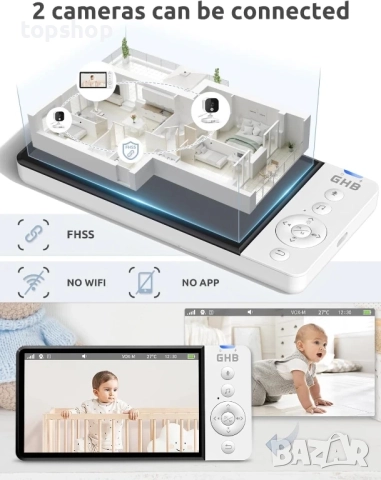 НОВ GHB Бебефон с камера и нощно виждане 5’’ 720P HD 5000mAh, IPS екран, VOX режим, двупосочно аудио, снимка 4 - Бебефони - 51572577