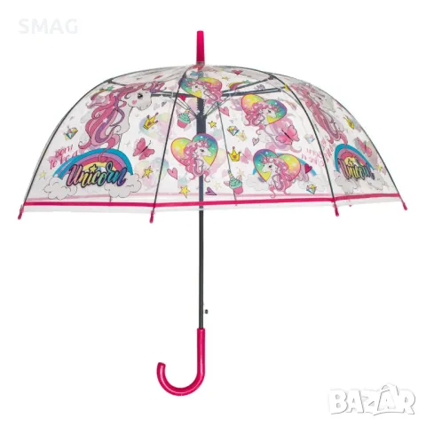 Детски чадър бастун прозрачни еднорози във цвят фуксия 82см S_1242376, снимка 2 - Чадъри - 49488363