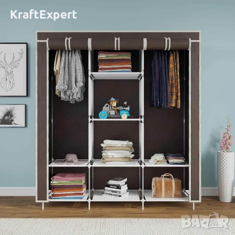 Трикрилен текстилен гардероб с 8 рафта и лост за дрехи, снимка 3 - Гардероби - 50681396