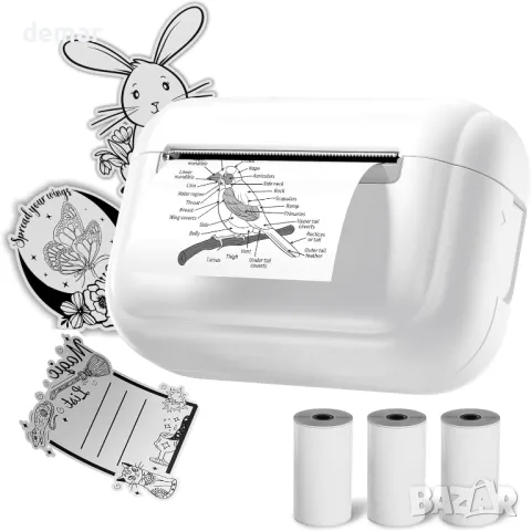 Tattmuse мини термичен принтер Q02E, Bluetooth, с 3 ролки термо хартия, бял