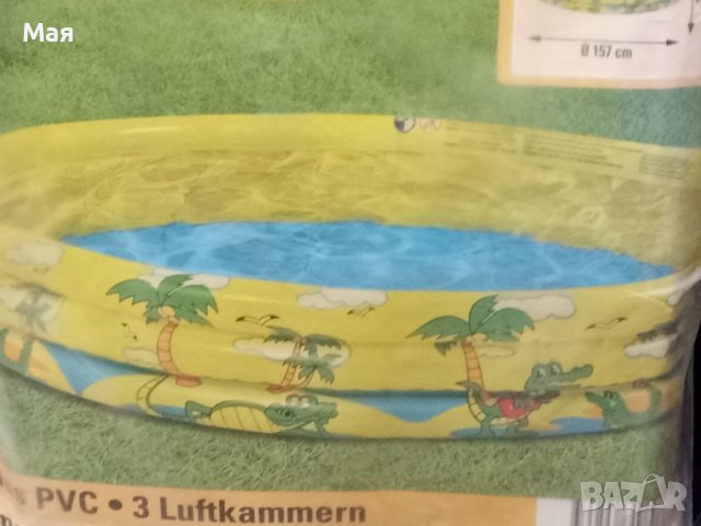 Голям басейн с 3 ринга и диаметър 157 см. и височина 25 см. Ярко жълт цвят с палми., снимка 3 - Басейни и аксесоари - 43553205