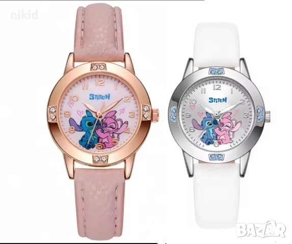 Стич Stitch Лило бял розов златен кант детски дамски ръчен часовник