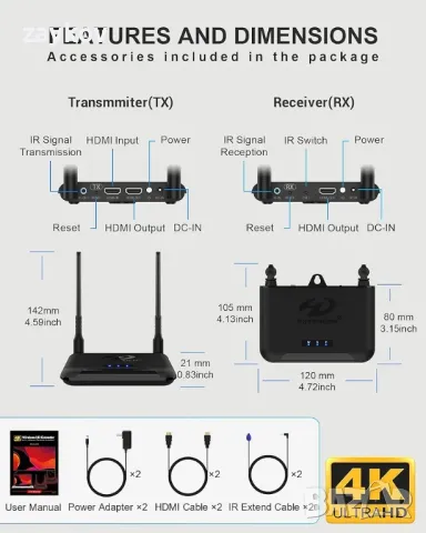 Безжичен HDMI предавател и приемник, 4K предавател със 3 приемника, снимка 3 - Друга електроника - 45636241