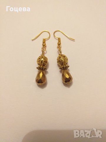 Кристални обеци от златни кристали и златен полускъпоценен камък Хематит в изящен обков , снимка 7 - Обеци - 28276314