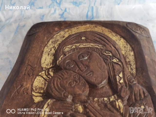 Дървена Православна Икона Дева Мария с Млядия Исус Христос, снимка 3 - Антикварни и старинни предмети - 53562207