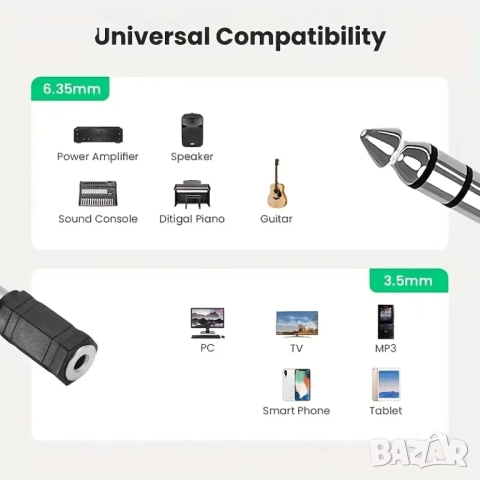 Стерео адаптер, 6,35 мм (М) към 3,5 мм (Ж), снимка 2 - Други - 52214517