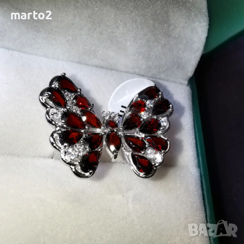 Елегантен сребърен 925 пръстен "Пеперуда" с родиево покритие и Натурални Гранати и Циркони!, снимка 6 - Пръстени - 44848133