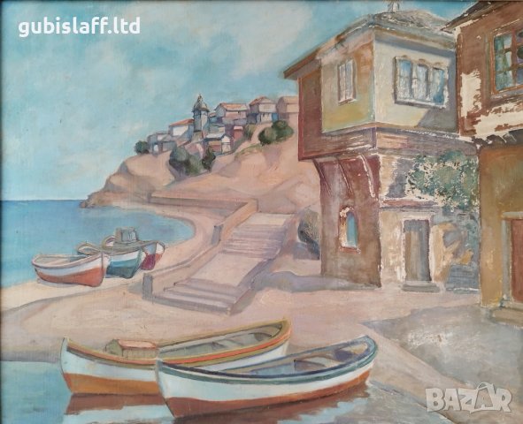 Картина, Несебър, море, лодки, 1990 г., снимка 2 - Картини - 40593895