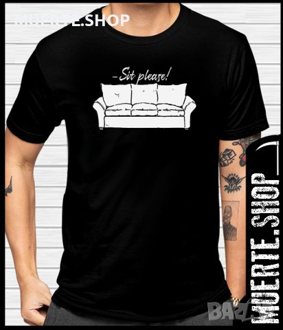 Черна тениска с щампа WHITE COUCH MEME, снимка 1 - Тениски - 44002359