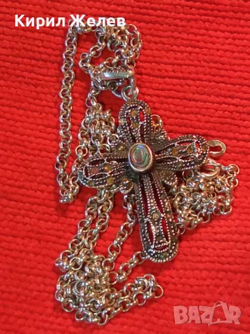 АВТОРСКИ АЖУРЕН СРЕБЪРЕН КРЪСТ СРЕБРО 925 NF с КРАЛСКИ СЕДЕФ МАРКАЗИТИ СРЕБЪРНА ВЕРИЖКА ИТАЛИЯ 41807, снимка 15 - Колиета, медальони, синджири - 49486908