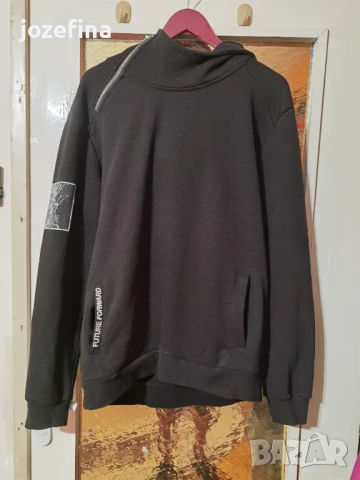 Мъжки черен памучен дебел суитчър с качулка