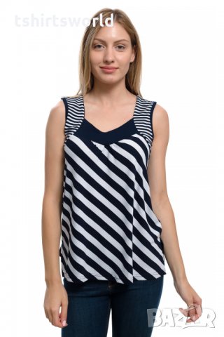 Нова дамска елегантна моряшка блуза без ръкави, райе
