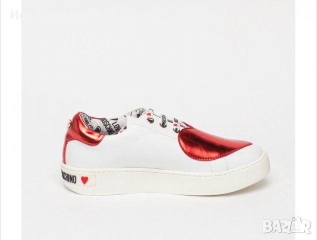 Love Moschino, Кожени спортни обувки със сърцевидна апликация, Бял/Червен, снимка 9 - Дамски ежедневни обувки - 34741732