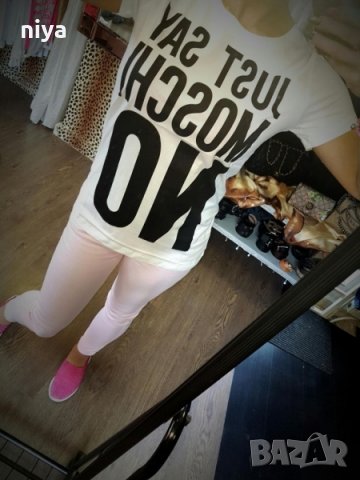 Дамска тениска Just Say Moschino Print във розов и мръсно бял цвят, снимка 8 - Тениски - 28868391