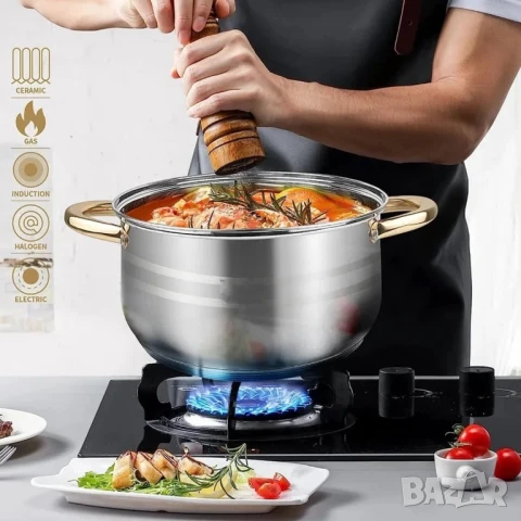 Комплект съдове за готвене от неръждаема стомана,12 части, златни дръжки, Royalty Line, снимка 8 - Съдове за готвене - 51373883