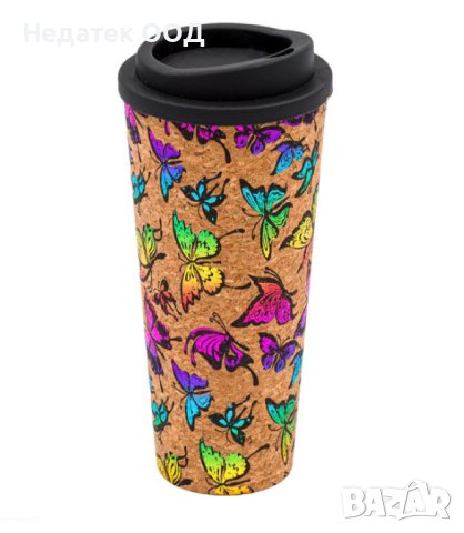 Чаша за кафе, с корк и капак, с пеперуди, 500 мл, снимка 2 - Чаши - 43883660