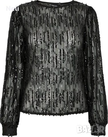 Черна блуза с Пайети, снимка 3 - Ризи - 52830529