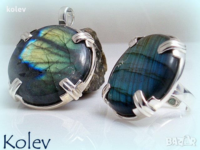 Комплект пръстен и медальон от сребро с лабрадорит - УНИКАТ, снимка 4 - Пръстени - 26702537