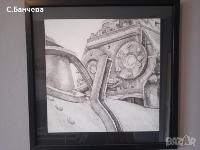 Картина, графика, "Части от стари локомотиви 2", рамкирана под стъкло 