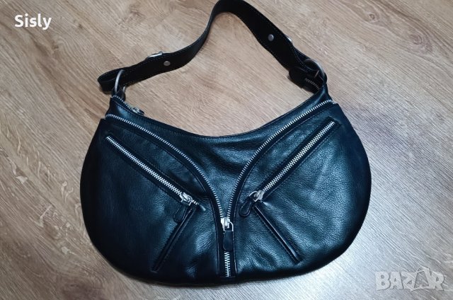 Дамска черна чанта за рамо от естествена кожа 