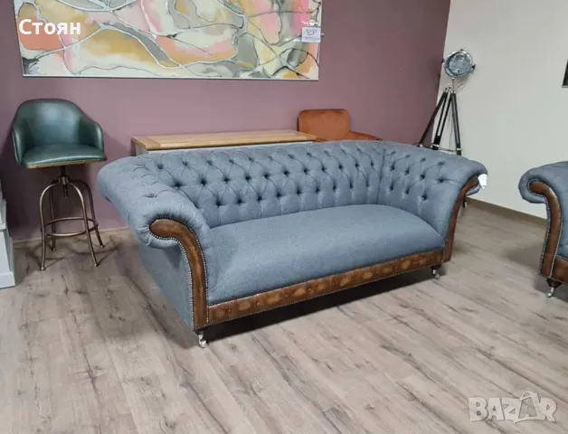 Сив комплект от плат Честърфийлд диван тройка и фотьойл, снимка 10 - Дивани и мека мебел - 50059641