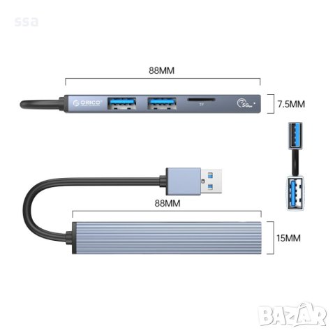 Orico хъб USB3.0/2.0 HUB 3 port + card reader, Aluminum - AH-A12F-GY, снимка 3 - Други - 43061311