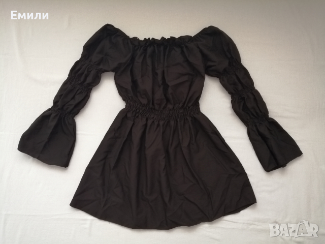 Дамска къса рокля с дълги буфан ръкави в черен цвят р-р S, снимка 12 - Рокли - 44863522