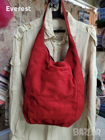 LA REDOUTE  естествен велур червена чанта,тип торба, made in INDIA , снимка 4 - Чанти - 40820737