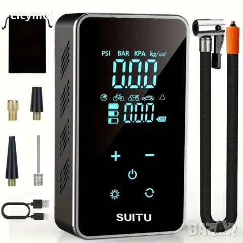 Акумулаторен компресор за гуми, 150psi, дисплей, Power bank, фенер, аварийна светлина, приставки