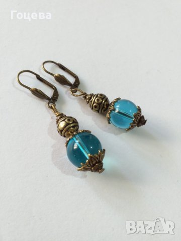 Разкошен комплект бижута с лазурно сини мъниста от Венецианско стъкло и орнаменти в цвят бронз , снимка 4 - Бижутерийни комплекти - 37527603