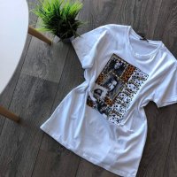 Тениска Vogue със пайети и модни икони във бял цвят , снимка 1 - Тениски - 27990063