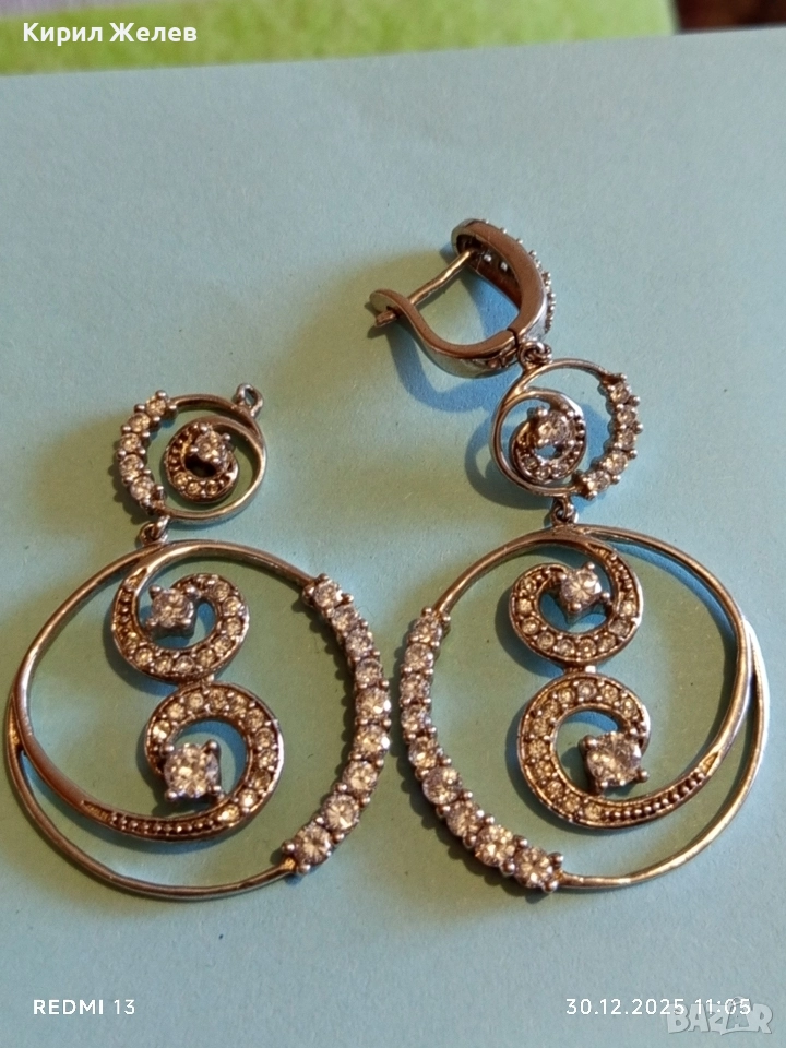 Абстрактни сребърни обеци с ювелирно инкрустирани кристали елегантни 14958, снимка 1