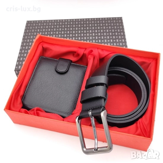 Стилен подаръчен комплект за мъж – колан и портфейл от естествена кожа в черно-MPK-25, снимка 1