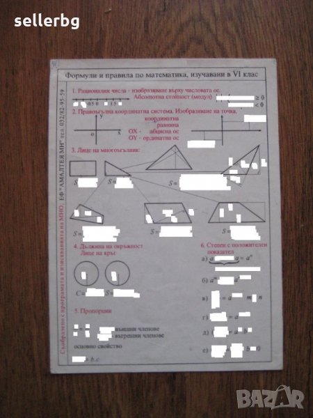 Формули и правила по математика - печатна притурка с формули, снимка 1