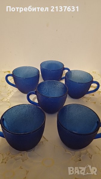 НОВ ! Комплект ФРЕНСКИ СТЪКЛЕНИ ЧАШИ за КАФЕ от КОБАЛТОВО СТЪКЛО  - 6 броя , снимка 1
