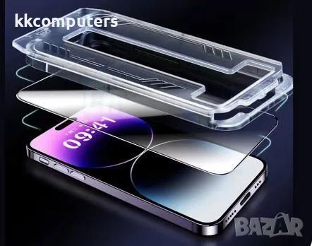 Стъклен screen protector Easy Stick с монтажна рамка за iPhone 14 Pro Max / 15 Plus 6.7 / Черен / Ба, снимка 1