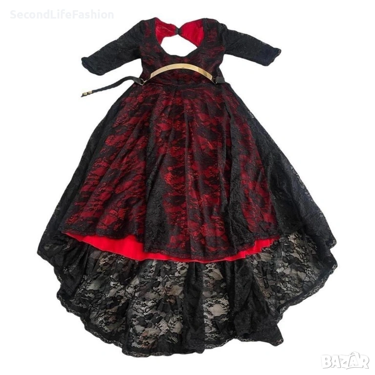 Уникална рокля от вискозна дантела Junona, салса червено-черна размер M със златен колан, снимка 1