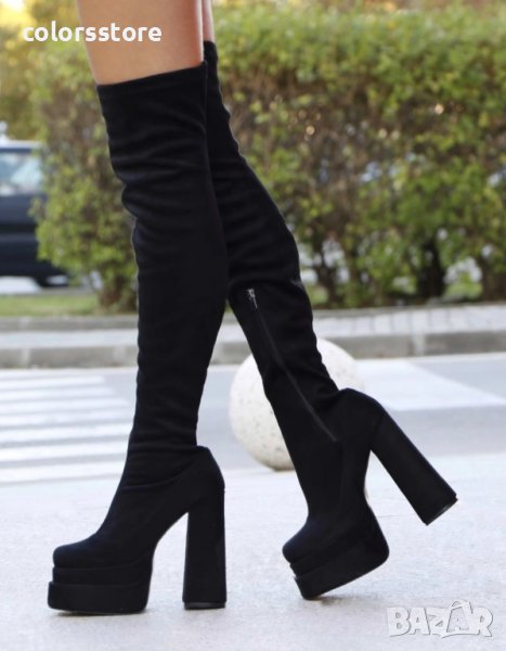 Чизми на ток - черен велур - VSB1, снимка 1