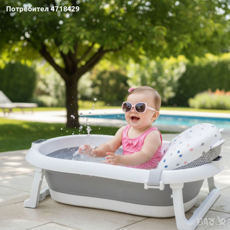 Сгъваема бебешка вана с термометър и възглавница, снимка 1