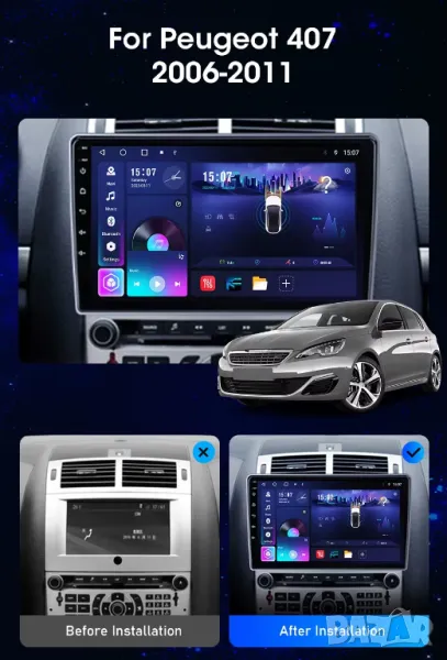 Мултимедия, за Peugeot 407, Двоен дин, Навигация, дисплей, 2 Дин, плеър, екран, Android, Пежо 407, снимка 1