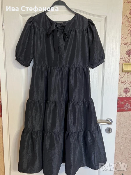 Wow разкошна свободен силует черна елегантна ежедневна рокля буфан ръкав волани къдри миди дължина  , снимка 1