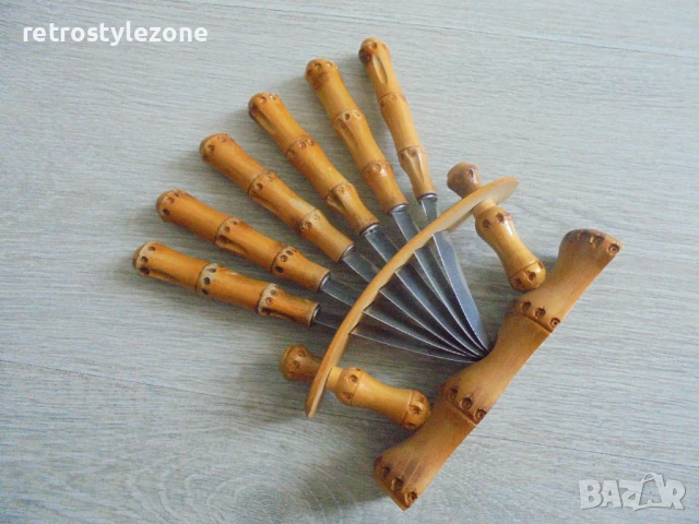 № 8155 Стар комплект ножчета FORON с бамбукови дръжки и стойка  , снимка 2 - Други ценни предмети - 51120259