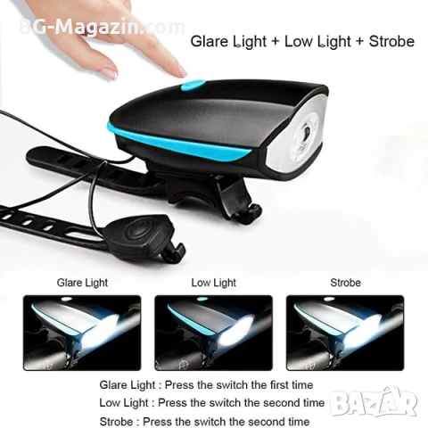 LED акумулаторен фар за колело звънец сирена лед фенер велосипед USB зареждае предни светлини, снимка 8 - Аксесоари за велосипеди - 50963074