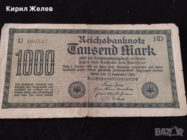 РАЙХ БАНКНОТА 1000 марки 1922г. Германия УНИКАТ ЗА КОЛЕКЦИОНЕРИ 36811, снимка 7 - Нумизматика и бонистика - 39898915