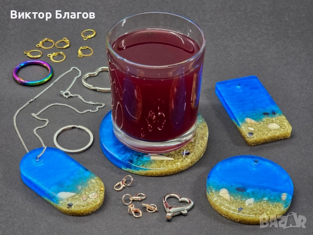 Морски комплект от епоксидна смола (поставка и медальони), снимка 6 - Декорация за дома - 52908861