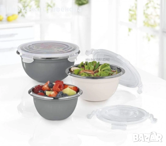 Купи от неръждаема стомана GOURMETmaxx с капаци - 3 в 1 за съхранение, снимка 3 - Чинии - 53124162