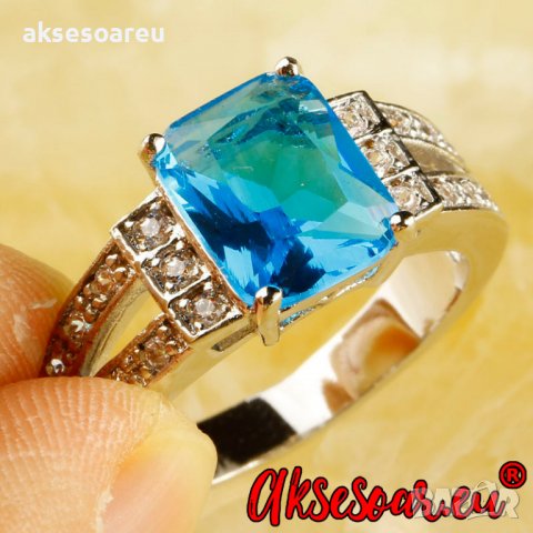 Посребрен пръстен със син камък, фини кралски бижута със цирконий, бижу унисекс моден младежки, снимка 14 - Пръстени - 21871788