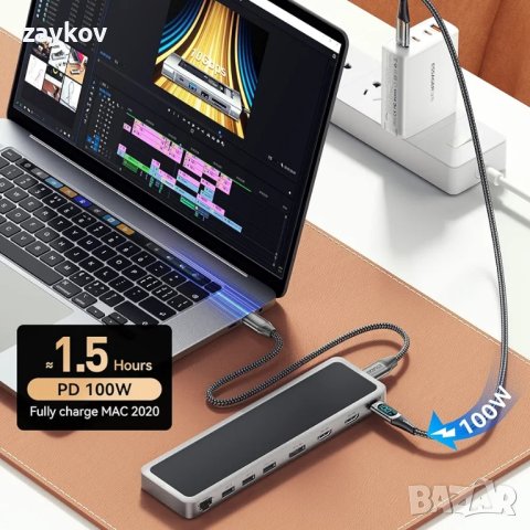 12 в 1 USB C хъб, USB-C докинг станция за лаптоп, троен дисплей тип C адаптер,, снимка 3 - Кабели и адаптери - 43855436